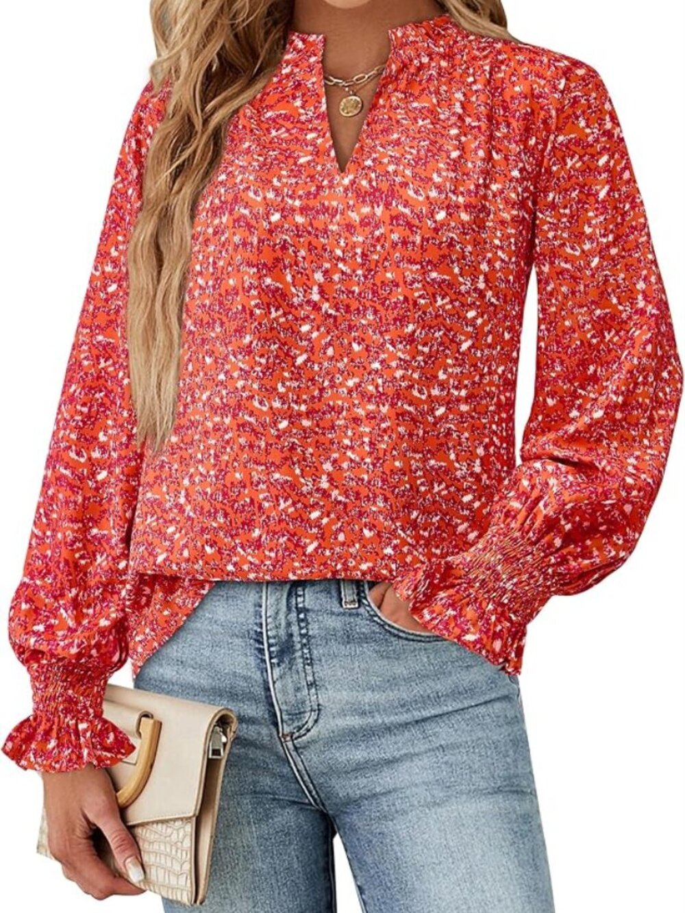 NWOT Mascomoda Red Pink Floral V-Neck Smocked Cuff Boho Blouse Size M